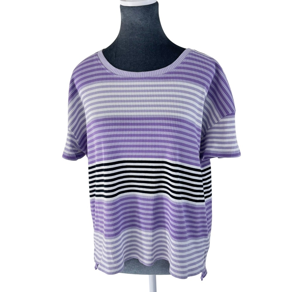 T by Talbots Preppy Soft Coastal Purple Striped Ribbed Knit Short Sleeve Top L